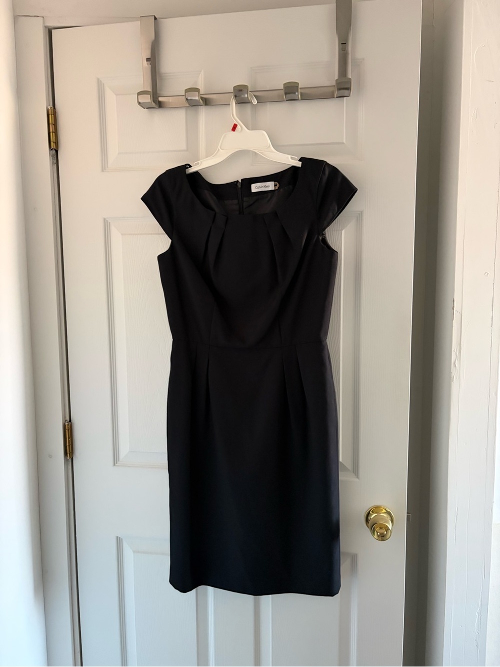 Calvin Klein Black Cap-Sleeve Sheath Dress with Pleated Neckline Size 6